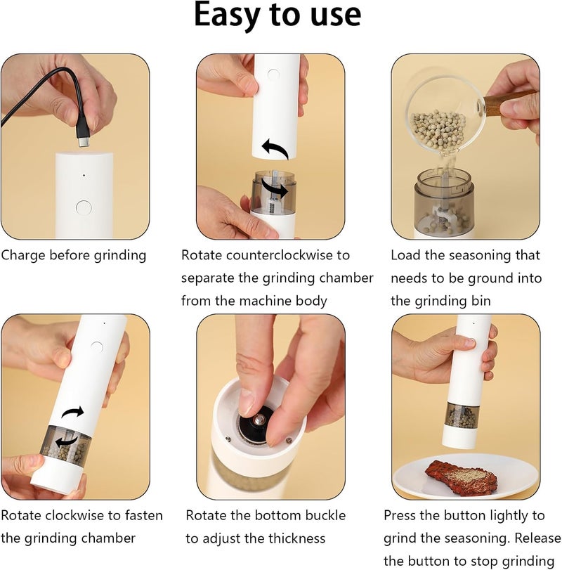 Yehenarn Electric Pepper Grinder,Electric Pepper Mill Grinder,Adjustable Coarseness,Efficient And Convenient,Easy To Clean,One Handed Operation,Type-C Rechargeable, A Reliable Assistant In The Kitchen(White) - Image 3
